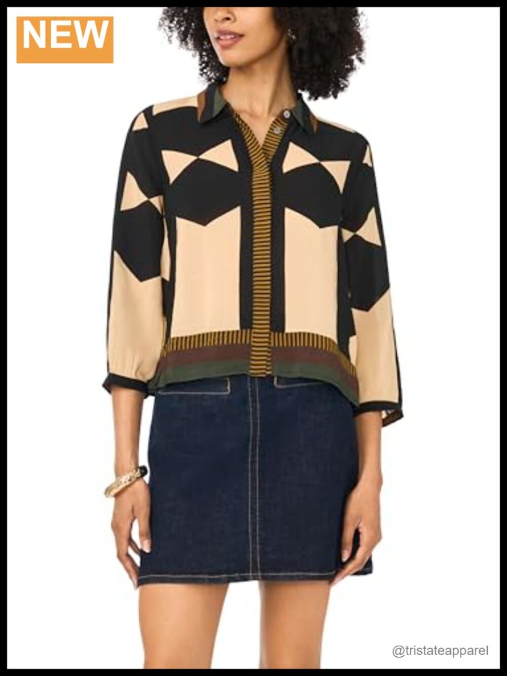 Printed Collared Button Down 3/4 Sleeve Blouse in Rich Black